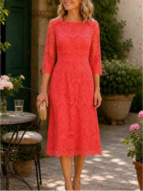 Dainty Jewells Coral Lace Midi Dress Sz S 3/4 Sleeve Modest NWT Classic Elegant